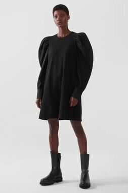 COS Puff Sleeve A Line Dress Black Medium Womens Minimalist